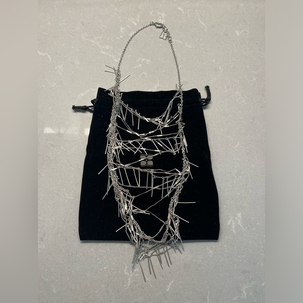 BCBG Draped Fringe Silver Bib Necklace Pre-owned